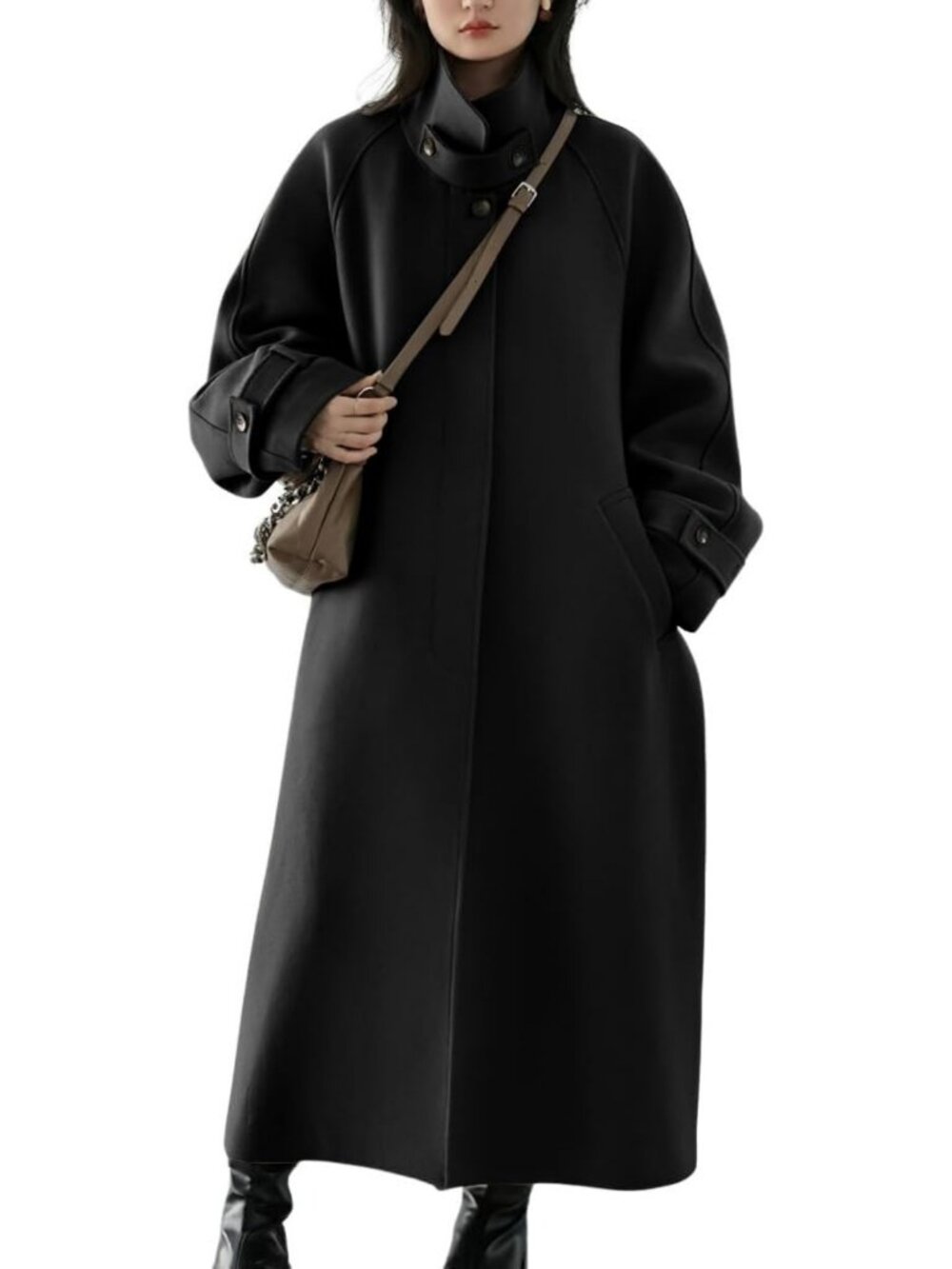 Chic Women's Winter Wool Coat, Hidden Button, Long Raglan Sleeve Overcoat